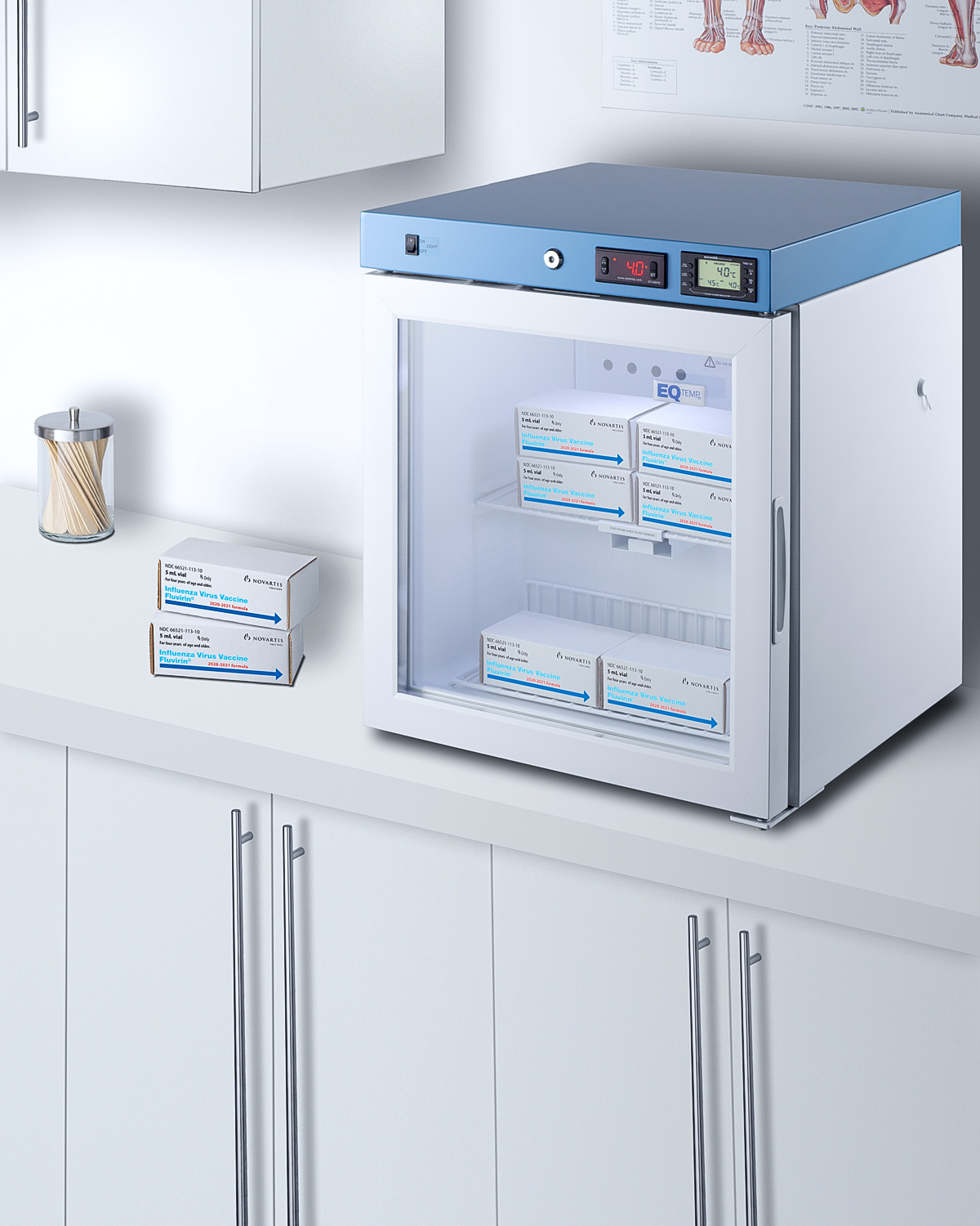 Compact healthcare all-refrigerator with self-closing glass door, front lock, digital controls, and external temperature readout